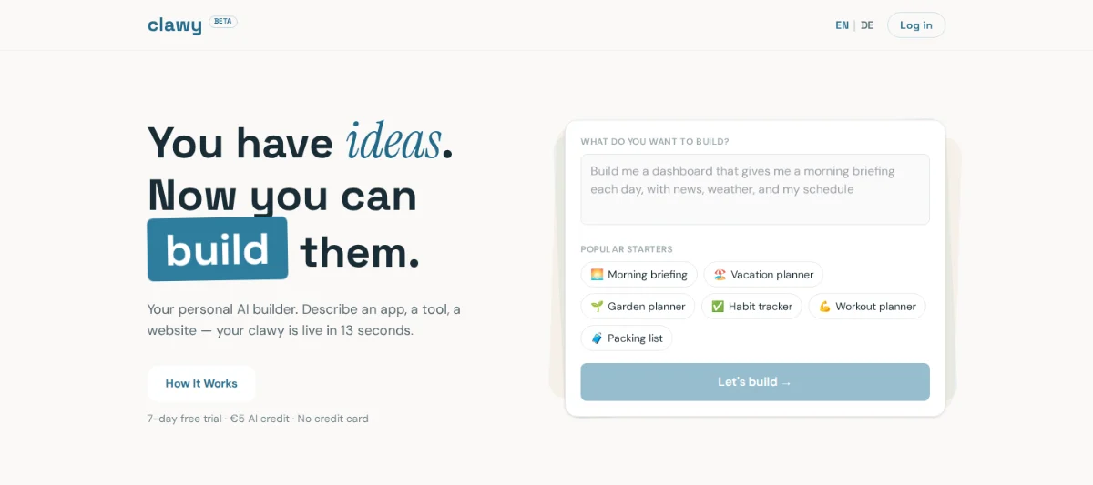 The clawy start page: describe an app, a tool or a website, and your clawy builds it